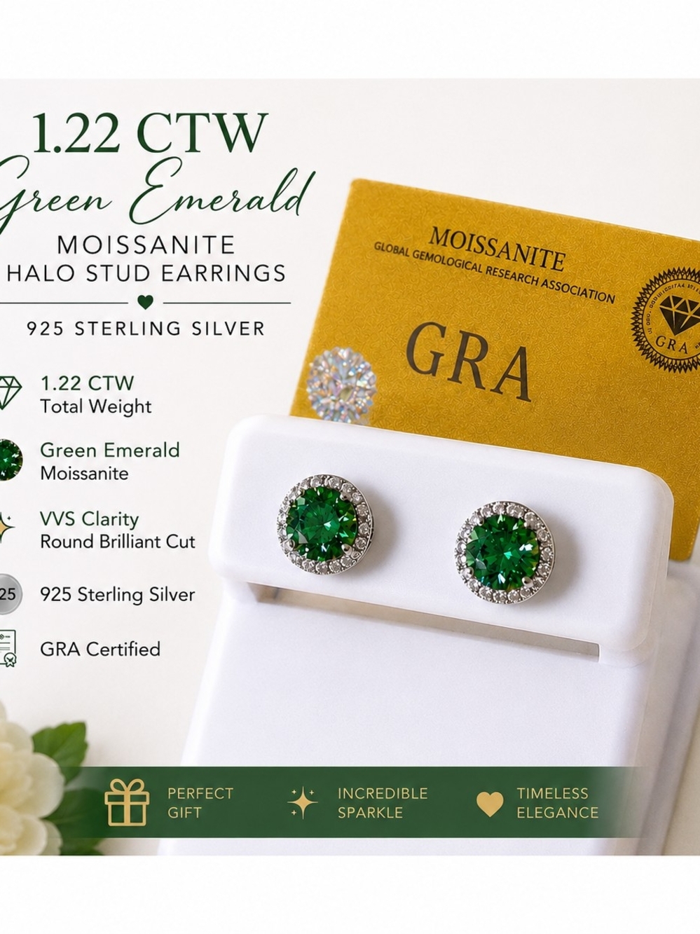 Green Emerald Moissanite Halo Stud Earrings in Sterling Silver
